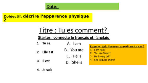 French Year 7 - Unit 2 lesson 7 - La taille 2