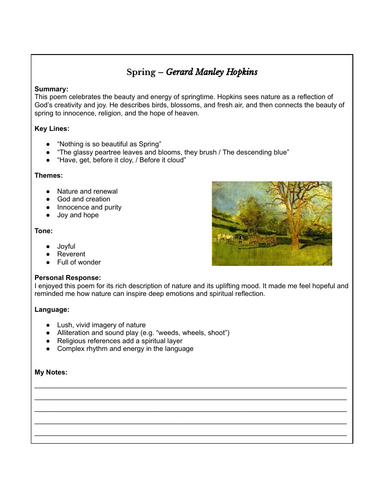 Gerard Manley Hopkins – One-Page Per Poem - HL Study Aid (2025)