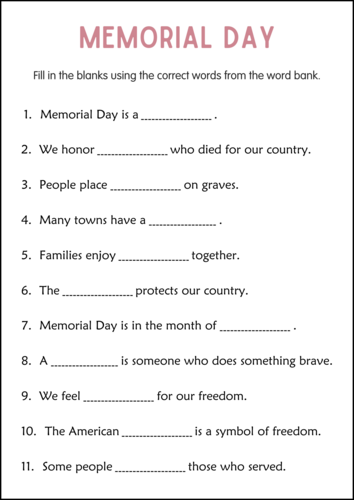 Printable Memorial Day - Passage and Questions Activity Worksheets for Grade 3