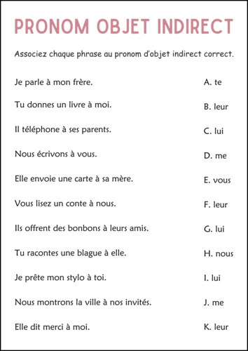 Indirect Object Pronouns Worksheets in French - Pronoms D’objet Indirect