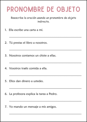 Indirect Object Pronouns Worksheets in Spanish - Pronombres de Objeto Indirecto