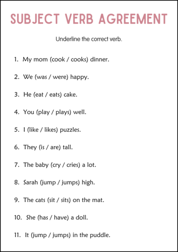 Printable Subject Verb Agreement Grammar Worksheets Practice for Grade 2, 3, 4