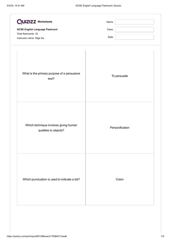 GCSE English Language Flashcards Language and Structural Features