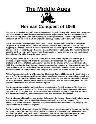 Norman Conquest of 1066 “Article & Questions” Assignment (The Middle Ages)