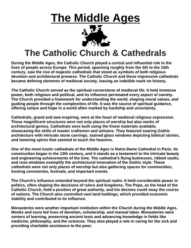The Catholic Church and Cathedrals “Article & Questions” Assignment (The Middle Ages)