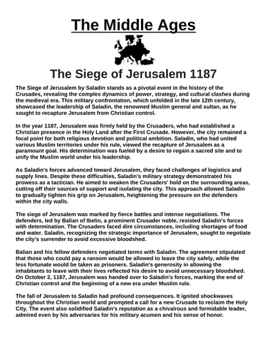 The Siege of Jerusalem 1187 “Article & Questions” Assignment (The Middle Ages)