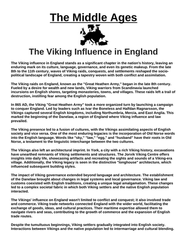 The Viking Influence in England “Article & Questions” Assignment (The Middle Ages)