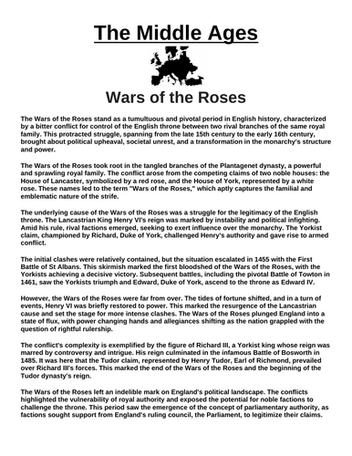 Wars of the Roses “Article & Questions” Assignment (The Middle Ages)