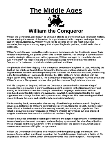 William the Conqueror “Article & Questions” Assignment (The Middle Ages)