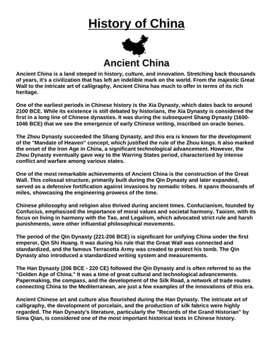 Ancient China Oerview “Article & Questions” Assignment (Ancient China)