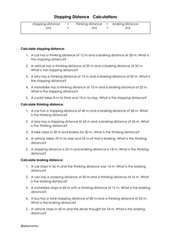 GCSE Physics Worksheets (SD = TD + BD) Stopping Distance Calculations w solutions