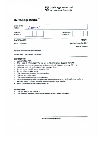 IGCSE NOV 2024 0580 PAPER 2 VARIANCE 1 SOLUTIONS