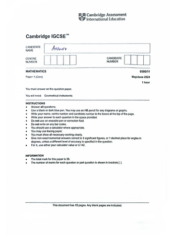 IGCSE JUNE 2024 0580 PAPER 1 VARIANCE 1 SOLUTIONS