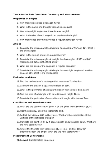 Year 6 Maths SATs Questions - Geometry and Measurement