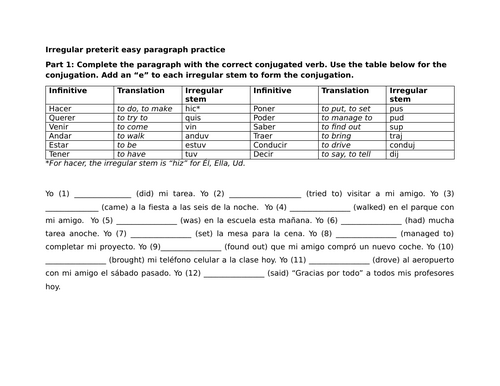 Irregular preterit easy paragraph practice