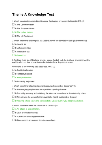 Edexcel Theme A Knowledge Test