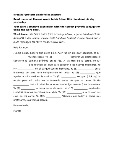 Irregular preterit email fill in practice