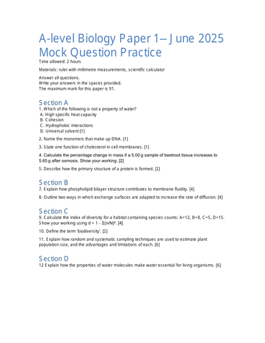 AQA A Level Biology Paper 1 Revision Booster 2025