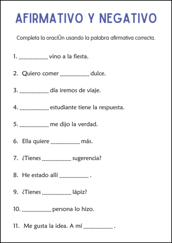 Printable Affirmative and Negative Words in Spanish Practice Worksheets