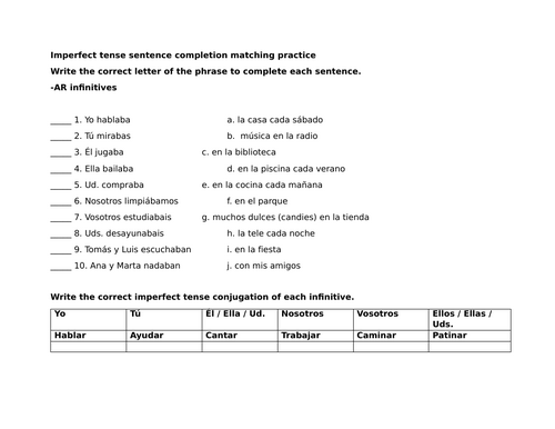 Imperfect tense sentence completion matching practice