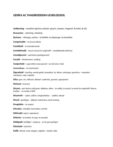 CYMRAEG IAITH GYNTAF: Blwddyn 6: Ehangu geirfa: GEIRIAU UCHELGEISIOL