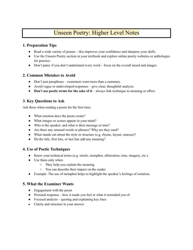 Unseen Poetry Revision Pack – Higher Level Leaving Certificate
