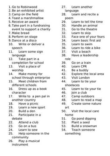 50 things to do before you leave primary school