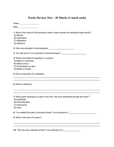 Poetic Devices Test – 30 Marks (Junior Cycle )