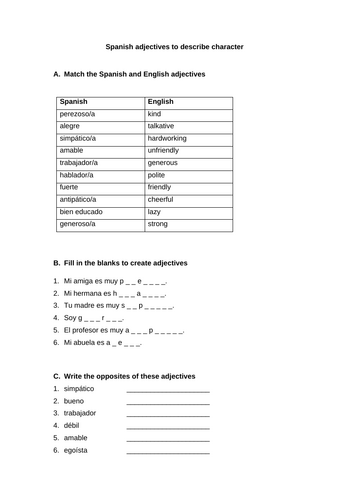 Spanish adjectives to describe character