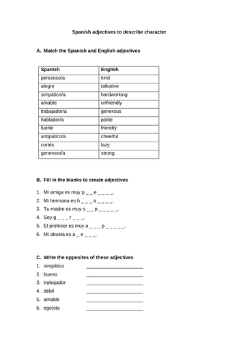Spanish adjectives to describe character
