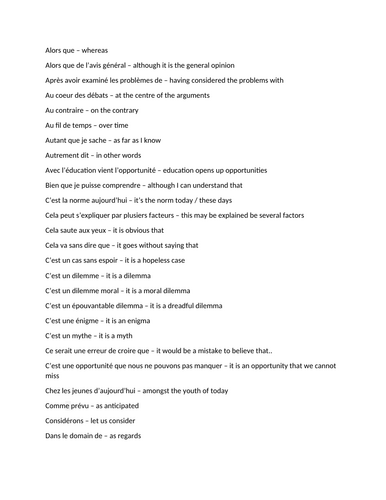A LEVEL FRENCH essay writing: extensive list of sophistcated, advanced level phrases