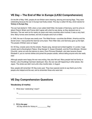 VE Day Reading Comprehension | UKS2 Year 3 & 4 | WW2 Text with Questions & Mark Schemes