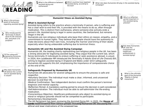 Humanism and dignity in dying guided reading sheet