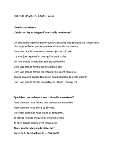 French gcse speaking exam: REVISION RESOURCE QUESTIONS AND ANSWERS