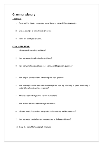 AQA English Language Grammar Knowledge Starters