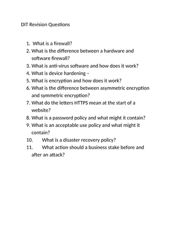 BTEC DIT Component 3 Revision Questions/ Cover Lesson Questions