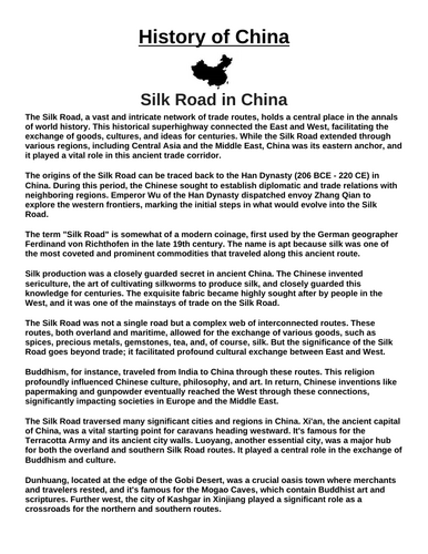 China Silk Road “Article & Questions” Assignment (Ancient China)