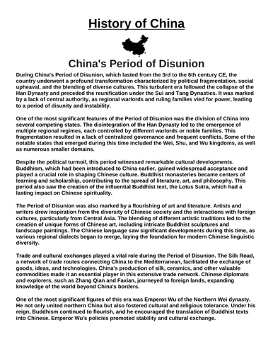 China's Period of Disunion “Article & Questions” Assignment (Ancient China)
