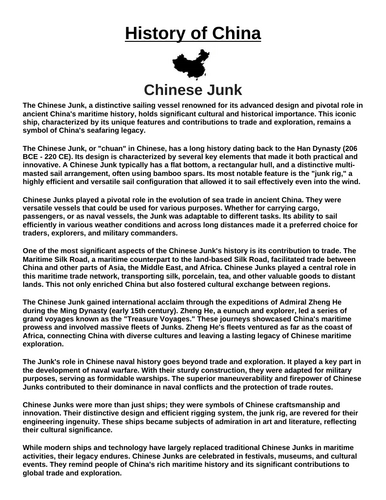 Chinese Junk Ship “Article & Questions” Assignment (Ancient China)