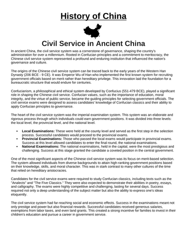 Civil Service in Ancient China  “Article & Questions” Assignment (Ancient China)