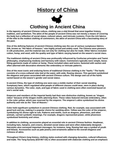 Clothing in Ancient China “Article & Questions” Assignment (Ancient China)