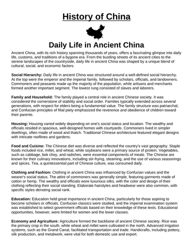 Daily Life in Ancient China “Article & Questions” Assignment (Ancient China)