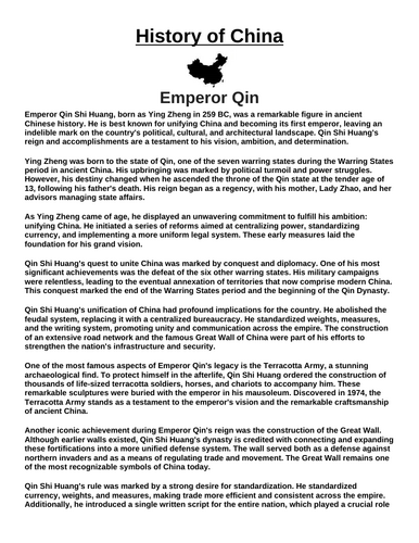 Emperor Qin  “Article & Questions” Assignment (Ancient China)