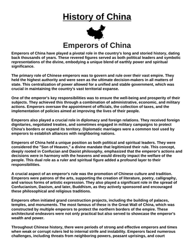 Emperors of China “Article & Questions” Assignment (Ancient China)