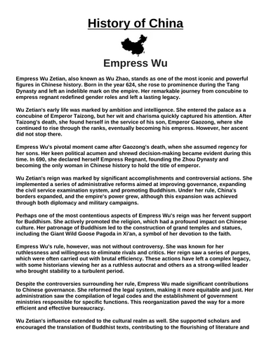 Empress Wu “Article & Questions” Assignment (Ancient China)