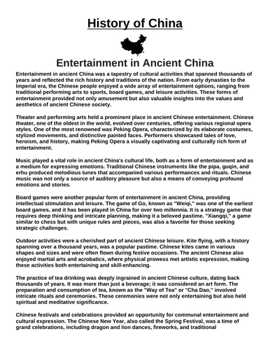 Entertainment in Ancient China  “Article & Questions” Assignment (Ancient China)