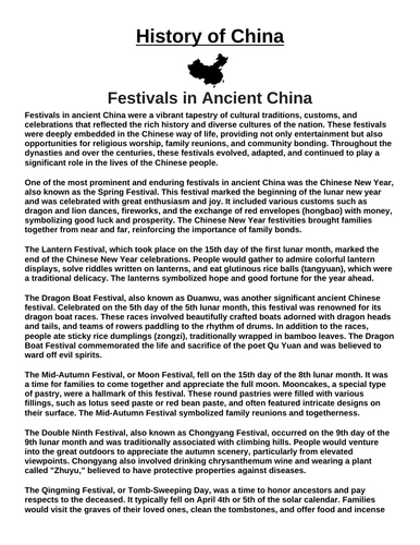 Festivals in Ancient China “Article & Questions” Assignment (Ancient China)