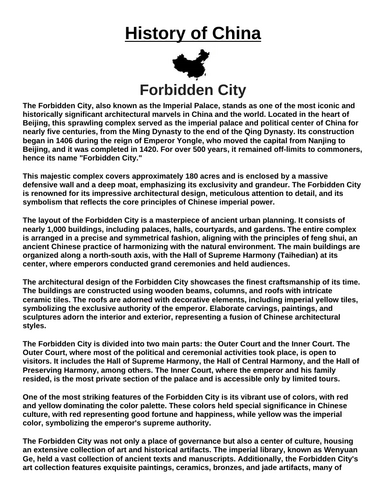 Forbidden City “Article & Questions” Assignment (Ancient China)