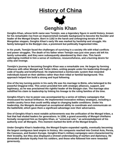 Genghis Khan “Article & Questions” Assignment (Ancient China)