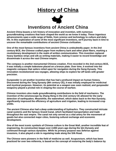 Inventions of Ancient China  “Article & Questions” Assignment (Ancient China)